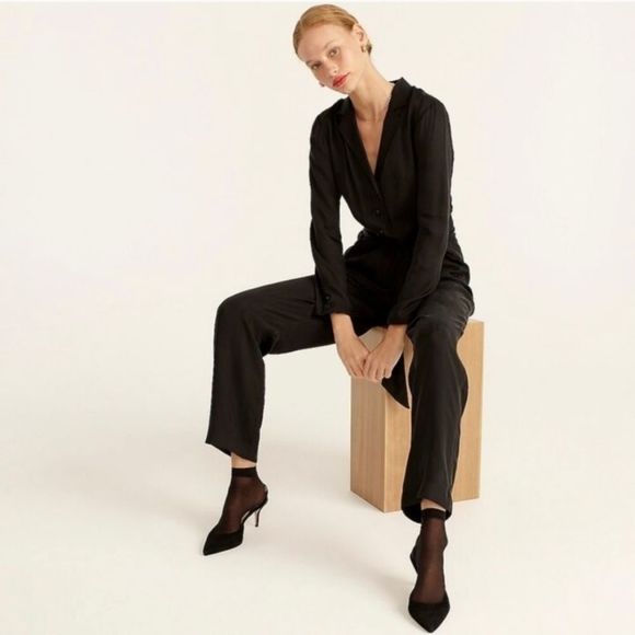 J. Crew Cupro Blend Tuxedo Jumpsuit Black Sz 6 NWT - Picture 1 of 13